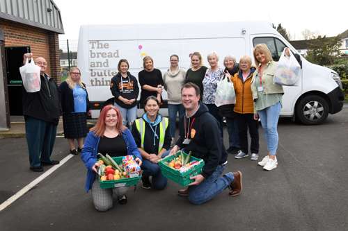 Donna Swan from Calmer Therapy (bottom left), Lindsey Barnes from The Bread and Butter Thing (bottom middle) and Paul Moralee (bottom right) and Mary Ormston (Far right) from Karbon Homes with The Bread and Butter Thing volunteers.