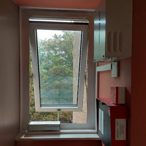 Photograph of smoke vent windows on a typical floor, such as in Tom Collins House.